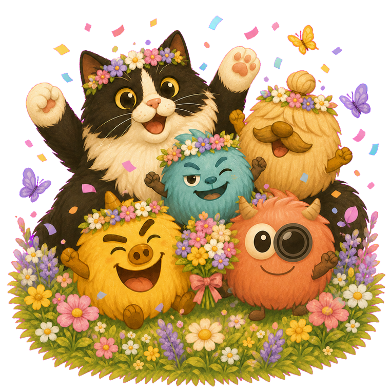 The friends celebrating in Blossom Meadow